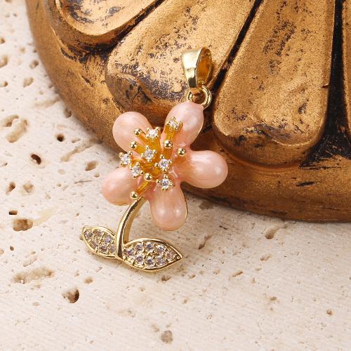 Cubique Pendentif en laiton zircon pavent, fleur, Placage, DIY & pavé de micro zircon & émail, doré, protéger l'environnement, sans nickel, plomb et cadmium, 14.21x6.38x26.64mm, 20PC/sac, Vendu par sac