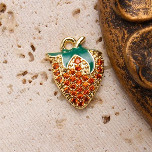 Cubique Pendentif en laiton zircon pavent, fraise, Placage, DIY & pavé de micro zircon & émail, doré, 11.90x3.60x16.46mm, Vendu par sac