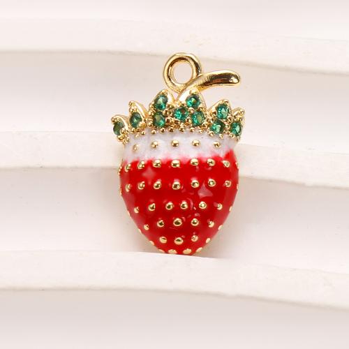 Cubique Pendentif en laiton zircon pavent, fraise, Placage, DIY & pavé de micro zircon & émail, doré, protéger l'environnement, sans nickel, plomb et cadmium, 11.32x4.29x17.24mm, 20PC/sac, Vendu par sac