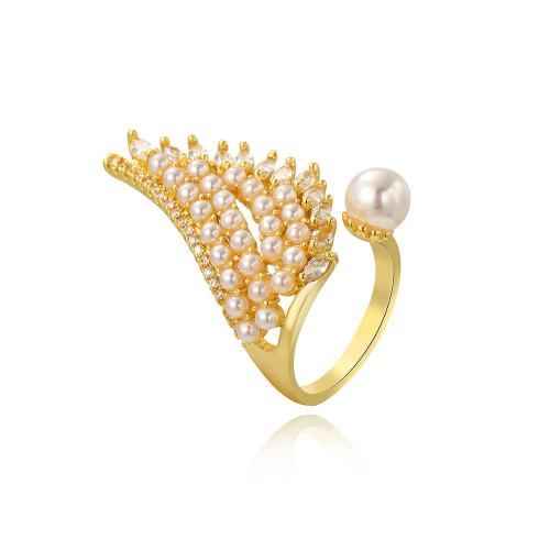 Mosaz Manžeta prst prsten, s Plastové Pearl, Wing Shape, barva pozlacený, micro vydláždit kubické zirkony & pro ženy, Velikost:8, Prodáno By PC