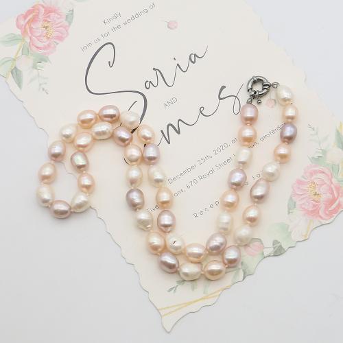 Naturliga sötvatten pärla långt halsband, Freshwater Pearl, med 304 rostfritt stål, Barock, mode smycken, blandade färger, 9-10mm, Såld Per 51 cm Strand