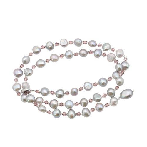 Naturliga sötvatten pärla långt halsband, Freshwater Pearl, med Kristall & 304 rostfritt stål, Oregelbunden, mode smycken, blandade färger, 8-9mm, Såld Per 62 cm Strand