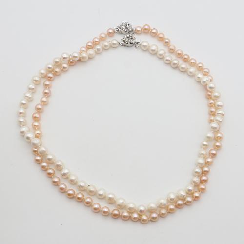 Přírodní Sladkovodní Pearl náhrdelník, s 304 Stainless Steel, Kolo, módní šperky, smíšené barvy, 7-8mm, Prodáno za 44 cm Strand