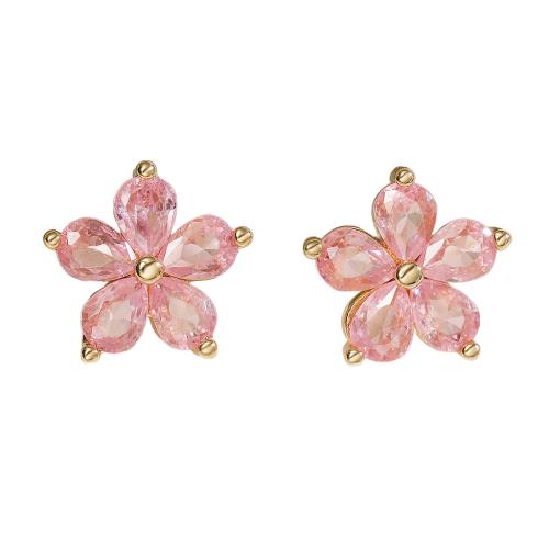 Boucles d'oreilles en laiton zircon cubique pavent, fleur, Plaqué or 18K, pavé de micro zircon & pour femme, Vendu par paire