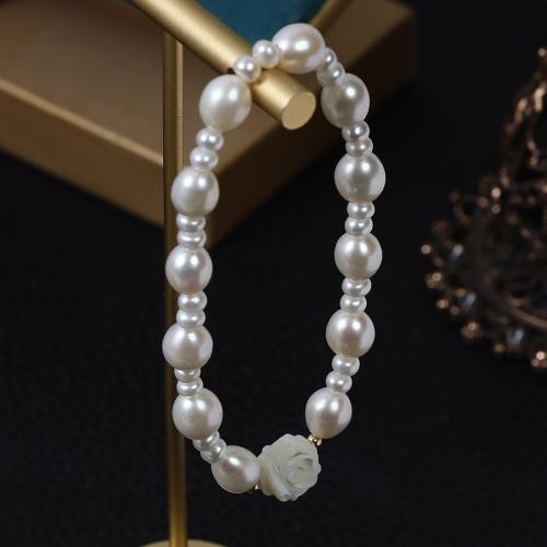 Bracelet en perles de culture d'eau douce, perle d'eau douce cultivée, avec coquille, Baroque, bijoux de mode, blanc, 6-7mm, Longueur 17 cm, Vendu par PC