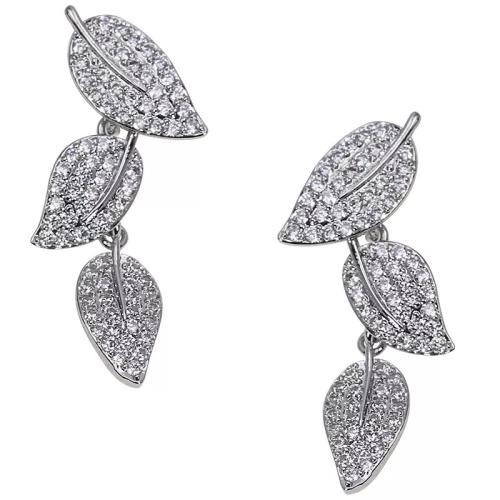 Boucles d'oreilles en laiton zircon cubique pavent, feuille, Placage, bijoux de mode & pavé de micro zircon & pour femme, Vendu par paire