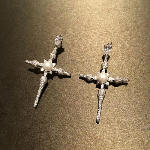 Cubic Zirconia Micro Pave Brass Earring with Plastic Pearl Cross plated fashion jewelry & micro pave cubic zirconia & for woman Sold By Pair