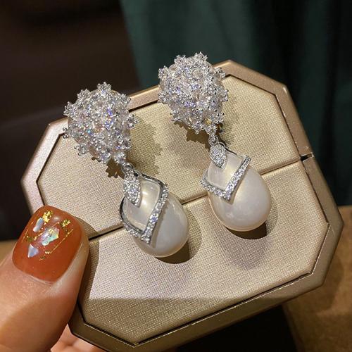 Cubic Zirconia Micro Pave Brass Earring with Plastic Pearl plated fashion jewelry & micro pave cubic zirconia & for woman Sold By Pair