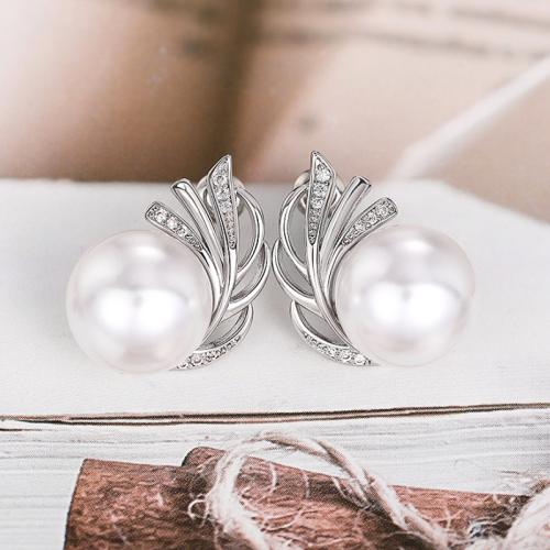Boucles d'oreilles en laiton zircon cubique pavent, avec perle de plastique, Placage, pavé de micro zircon & pour femme & creux, Vendu par paire