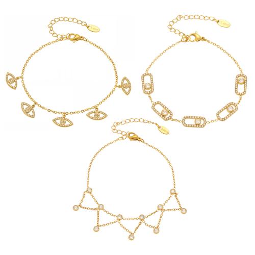 Bijoux bracelet en acier inoxydable, Acier inoxydable 304, avec zircon cubique, Plaqué d'or 18K, différents matériaux pour le choix & normes différentes pour le choix & pour femme & creux, Vendu par PC