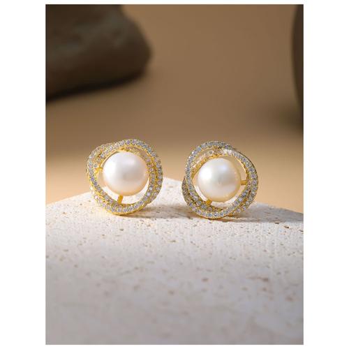 laiton boucle d oreille dormeuse, avec perle de plastique, Placage de couleur d'or, pour femme & avec strass & creux, 15x15mm, Vendu par paire