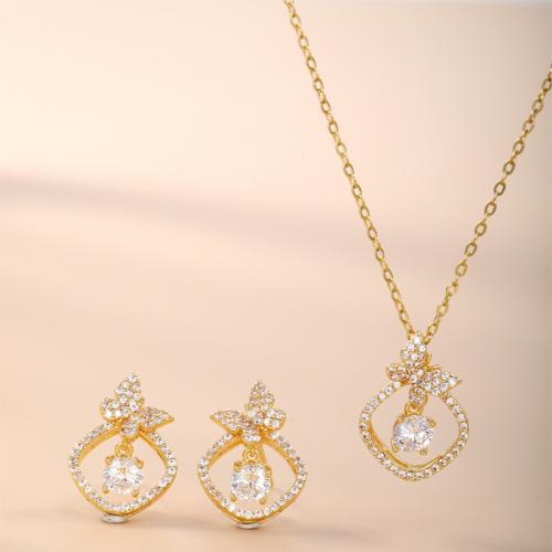 laiton parure de bijoux, Boucle d’oreille stud & collier, Placage, 2 pièces & pavé de micro zircon & pour femme, plus de couleurs à choisir, Vendu par fixé