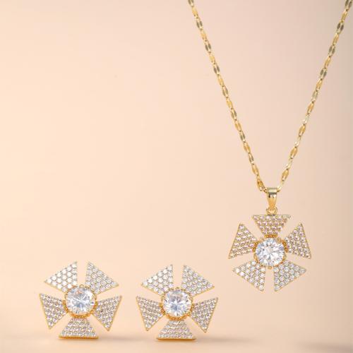 laiton parure de bijoux, Boucle d’oreille stud & collier, moulin à vent, Placage, 2 pièces & pavé de micro zircon & pour femme, plus de couleurs à choisir, Vendu par fixé