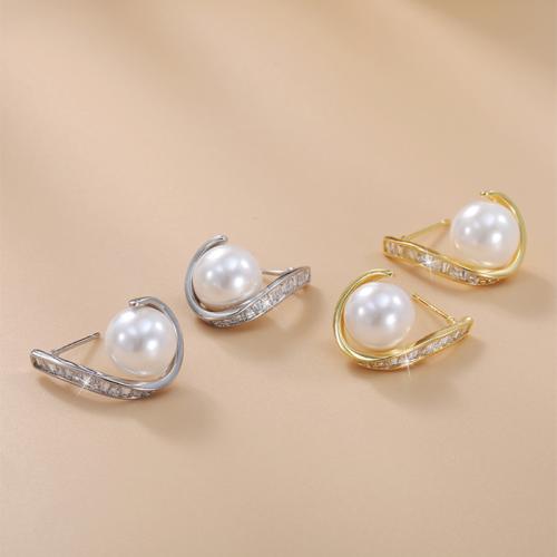 laiton boucle d oreille dormeuse, avec perle de plastique, Placage, pavé de micro zircon & pour femme, plus de couleurs à choisir, 12x19.50mm, Vendu par paire