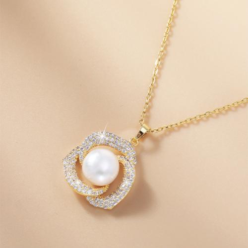 laiton collier, avec perle de plastique, Placage de couleur d'or, pavé de micro zircon & pour femme & creux, Longueur Environ 15.5 pouce, Vendu par PC