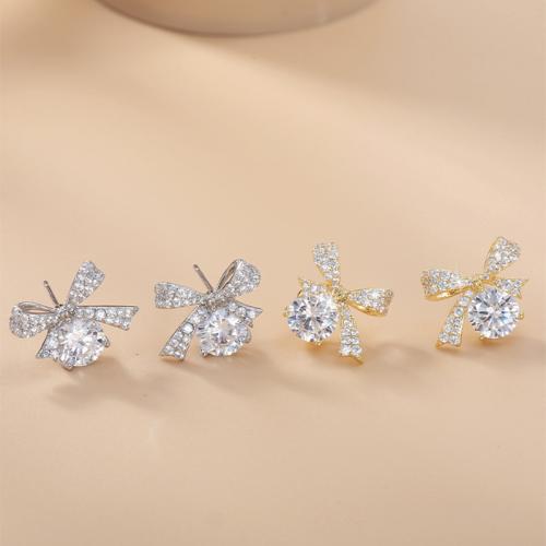 laiton boucle d oreille dormeuse, Noeud papillon, Placage, pavé de micro zircon & pour femme, plus de couleurs à choisir, 15x11.50mm, Vendu par paire