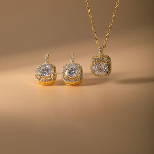 laiton parure de bijoux, Boucle d’oreille stud & collier, Motif géométrique, Placage, 2 pièces & pavé de micro zircon & pour femme, plus de couleurs à choisir, Vendu par fixé