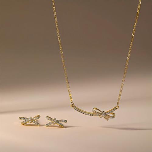 laiton parure de bijoux, Boucle d’oreille stud & collier, Noeud papillon, Placage, 2 pièces & pavé de micro zircon & pour femme, plus de couleurs à choisir, Vendu par fixé