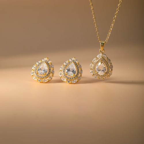 laiton parure de bijoux, Boucle d’oreille stud & collier, larme, Placage, 2 pièces & pavé de micro zircon & pour femme, plus de couleurs à choisir, Vendu par fixé