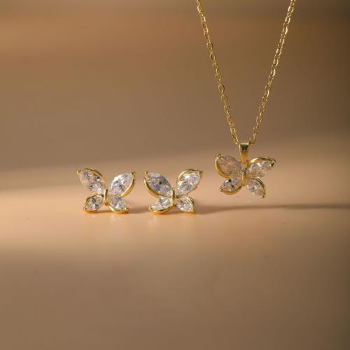 laiton parure de bijoux, Boucle d’oreille stud & collier, papillon, Placage, 2 pièces & pavé de micro zircon & pour femme, plus de couleurs à choisir, Vendu par fixé