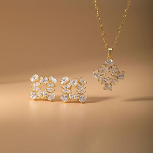 laiton parure de bijoux, Boucle d’oreille stud & collier, Motif géométrique, Placage de couleur d'or, 2 pièces & pavé de micro zircon & pour femme, Vendu par fixé