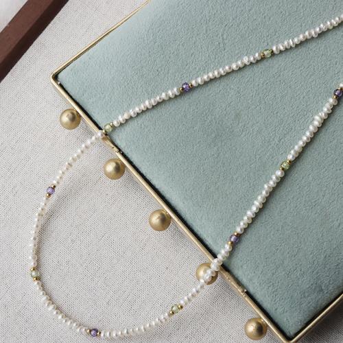 Crystal Freshwater Pearl Halsband, med Kristall & Mässing, Oregelbunden, plated, mode smycken, vit, nickel, bly och kadmium gratis, 2-3mm, Såld Per 45 cm Strand