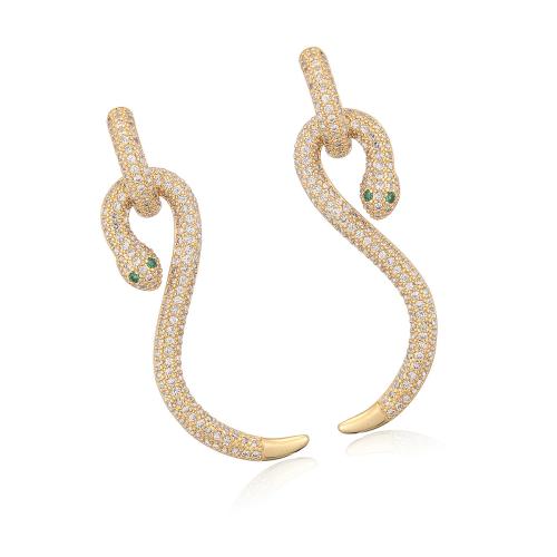 Boucles d'oreilles en laiton zircon cubique pavent, serpent, Placage, bijoux de mode & pavé de micro zircon & pour femme, doré, Vendu par paire