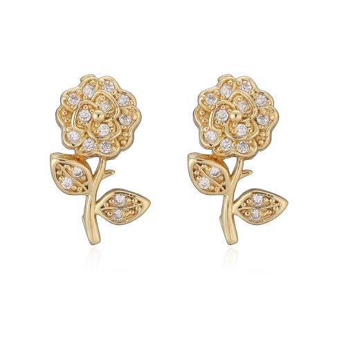 Boucles d'oreilles en laiton zircon cubique pavent, fleur, Plaqué or 18K, styles différents pour le choix & pavé de micro zircon & pour femme, Vendu par paire