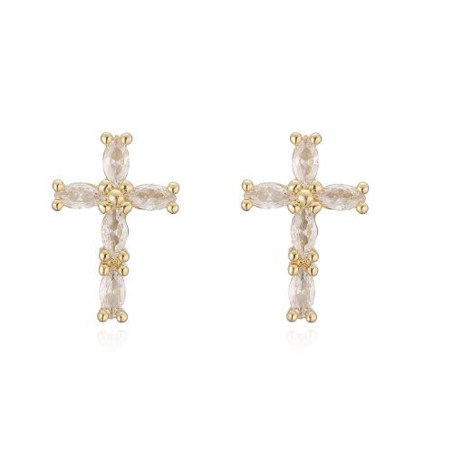 Boucles d'oreilles en laiton zircon cubique pavent, croix, Plaqué or 18K, styles différents pour le choix & pavé de micro zircon & pour femme, Vendu par paire