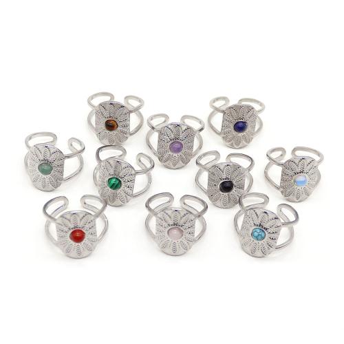 Gemstone prst prsten, 304 Stainless Steel, s Přírodní kámen, barva stříbrná á, módní šperky, více barev na výběr, 21x18mm, Prodáno By PC