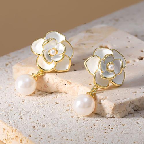 Mosaz Drop náušnice, s Plastové Pearl, Květina, barva pozlacený, pro ženy & smalt, 14x25mm, Prodáno By PC