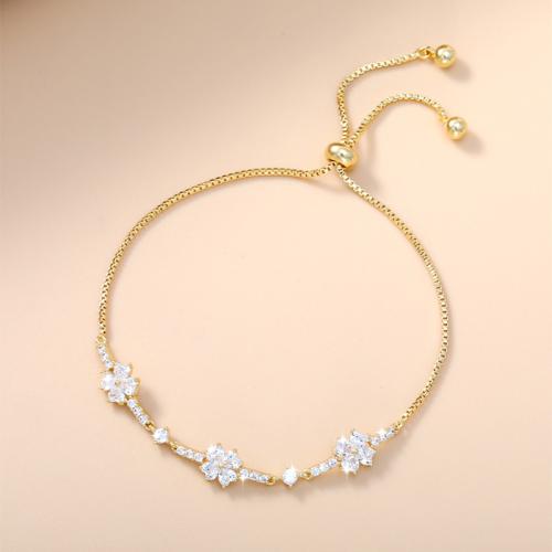 Mosaz Náramek, Four Leaf Clover, barva pozlacený, nastavitelný & micro vydláždit kubické zirkony & pro ženy, Délka Cca 6-9 inch, Prodáno By PC