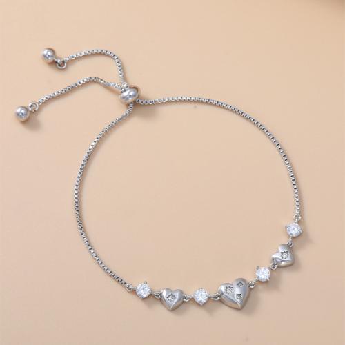 laiton bracelet, coeur, Placage, réglable & chaîne de boîte & pavé de micro zircon & pour femme, plus de couleurs à choisir, Longueur Environ 6-9 pouce, Vendu par PC