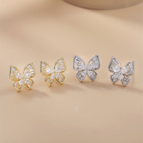 laiton boucle d oreille dormeuse, papillon, Placage, pavé de micro zircon & pour femme, plus de couleurs à choisir, 12x11.50mm, Vendu par PC