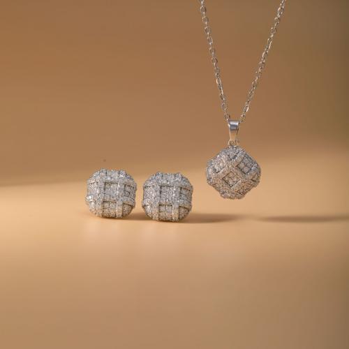 laiton parure de bijoux, Boucle d’oreille stud & collier, cadre, Placage, 2 pièces & pavé de micro zircon & pour femme, argent, Vendu par fixé