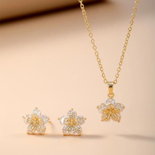 laiton parure de bijoux, Boucle d’oreille stud & collier, fleur, Placage, 2 pièces & pavé de micro zircon & pour femme, plus de couleurs à choisir, Vendu par fixé