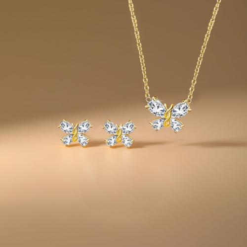 laiton parure de bijoux, Boucle d’oreille stud & collier, papillon, Placage, 2 pièces & pavé de micro zircon & pour femme, plus de couleurs à choisir, Vendu par fixé