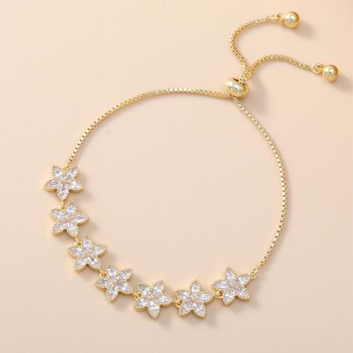 laiton bracelet, fleur, Placage, réglable & chaîne de boîte & pavé de micro zircon & pour femme, plus de couleurs à choisir, Longueur Environ 6-9 pouce, Vendu par PC