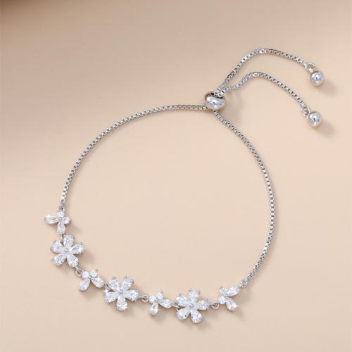 laiton bracelet, fleur, Placage, réglable & chaîne de boîte & pavé de micro zircon & pour femme, plus de couleurs à choisir, Longueur Environ 6-9 pouce, Vendu par PC