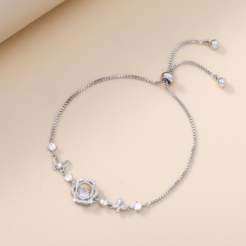 laiton bracelet, fleur, Placage, réglable & chaîne de boîte & pavé de micro zircon & pour femme, argent, Longueur Environ 6-9 pouce, Vendu par PC