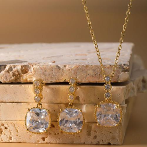 laiton parure de bijoux, boucle d'oreille & collier, Motif géométrique, Placage, 2 pièces & pavé de micro zircon & pour femme, plus de couleurs à choisir, Vendu par fixé