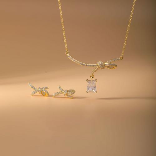 laiton parure de bijoux, Boucle d’oreille stud & collier, Placage, 2 pièces & pavé de micro zircon & pour femme, Or, Vendu par fixé