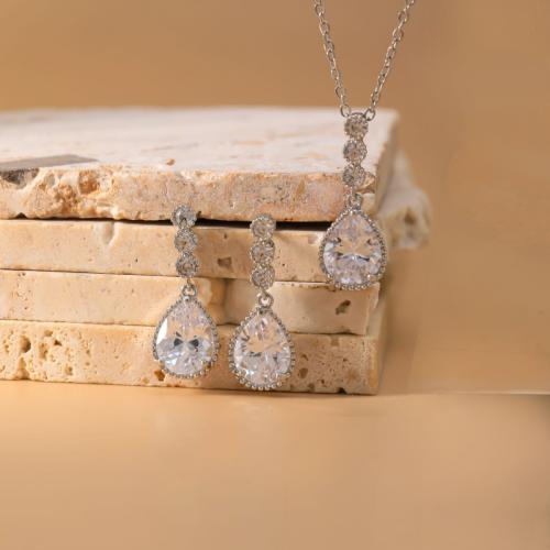 laiton parure de bijoux, boucle d'oreille & collier, larme, Placage, 2 pièces & pavé de micro zircon & pour femme, argent, Vendu par fixé