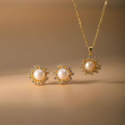 laiton parure de bijoux, Boucle d’oreille stud & collier, avec perle de plastique, fleur, Placage, 2 pièces & pavé de micro zircon & pour femme, plus de couleurs à choisir, Vendu par fixé