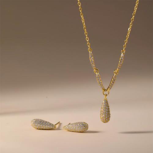 laiton parure de bijoux, Boucle d’oreille stud & collier, larme, Placage, 2 pièces & pavé de micro zircon & pour femme, plus de couleurs à choisir, Vendu par fixé