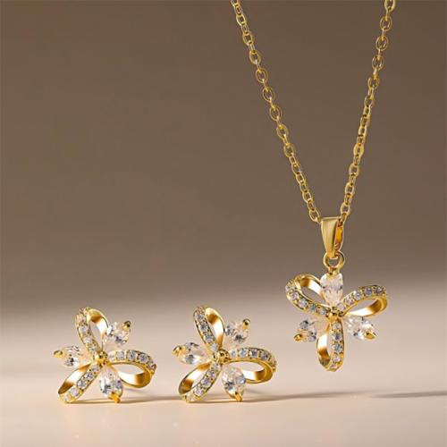 laiton parure de bijoux, Boucle d’oreille stud & collier, Placage, 2 pièces & pavé de micro zircon & pour femme, plus de couleurs à choisir, Vendu par fixé