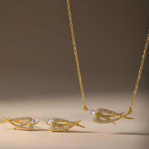 laiton parure de bijoux, Boucle d’oreille stud & collier, Placage, 2 pièces & pavé de micro zircon & pour femme, plus de couleurs à choisir, Vendu par fixé