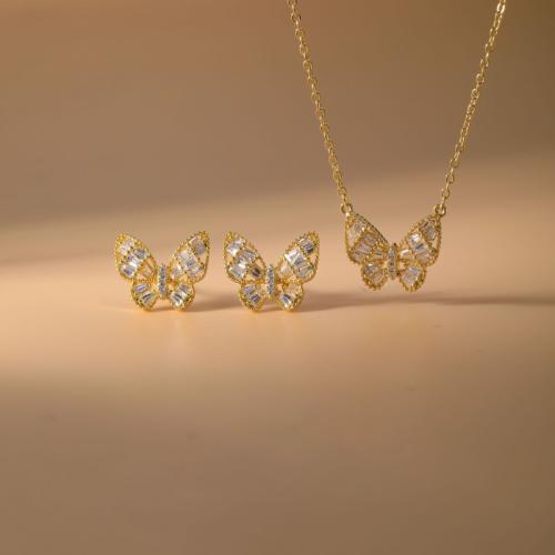 Brass Jewelry Set, Stud Earring & necklace, Butterfly, plated, 2 pieces & micro pave cubic zirconia & for woman, more colors for choice, Sold By Set