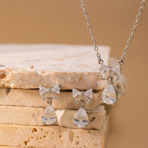 Brass Jewelry Set, earring & necklace, Bowknot, plated, 2 pieces & micro pave cubic zirconia & for woman, silver color, Sold By Set