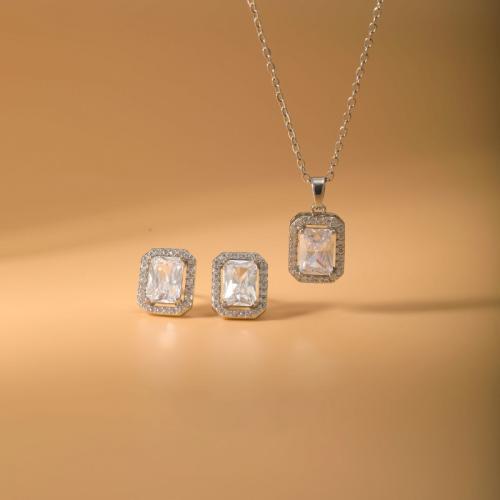 laiton parure de bijoux, Boucle d’oreille stud & collier, Motif géométrique, Placage, 2 pièces & pavé de micro zircon & pour femme, argent, Vendu par fixé